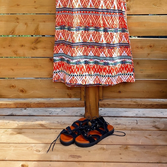 La Classe Couture orange red & white ikat print cotton/spandex maxi, L, NWOT - Picture 5 of 7